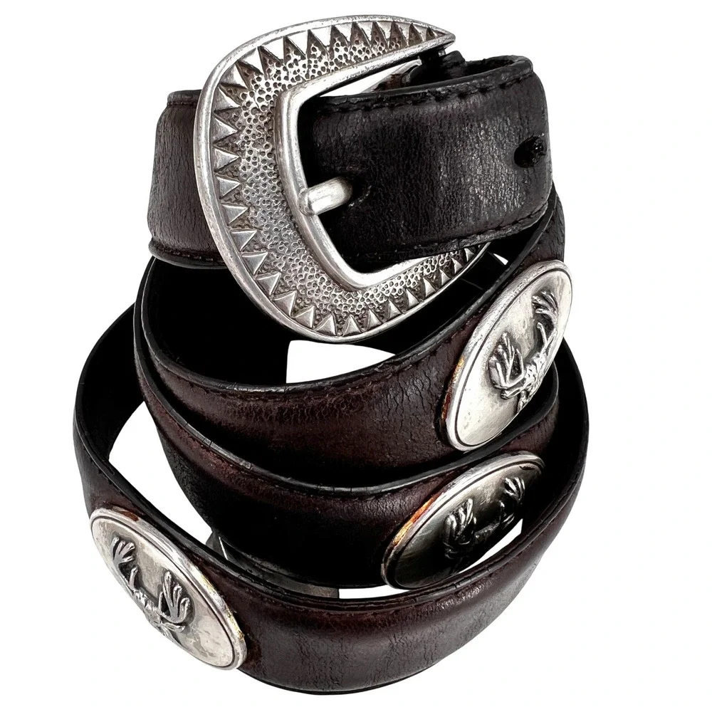 Vintage Mens Concho Belt 38 Italian Leather Western Stag Etched Pewter Brown